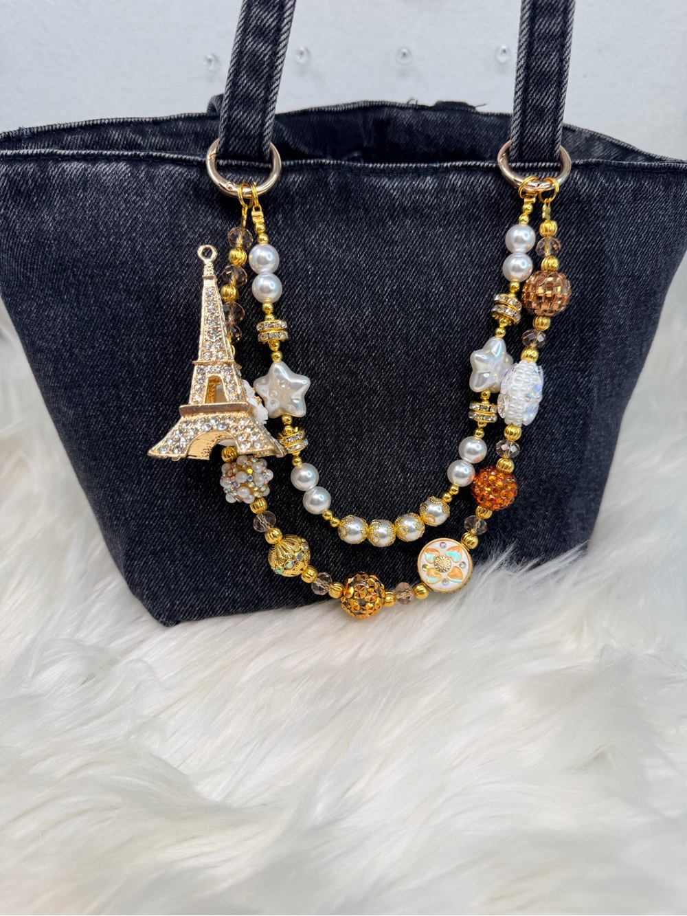 Gold Pearl Eiffel Tower Purse Charm Keychain